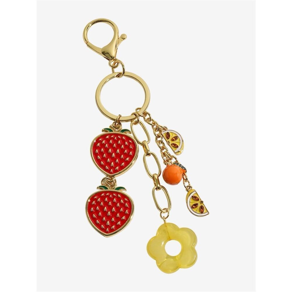 New Emberly Gold Fruit Charm Keychain with Red Strawberry and Yellow Flower